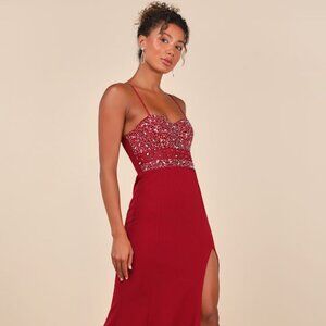 Lulus Luxe Allure Wine Red Beaded Rhinestone Bustier Maxi Dress - Size XS